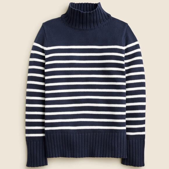 J.CREW Cotton Turtleneck Sweater Stripe Navy Blue & Ivory White Size Large NEW - Picture 2 of 9